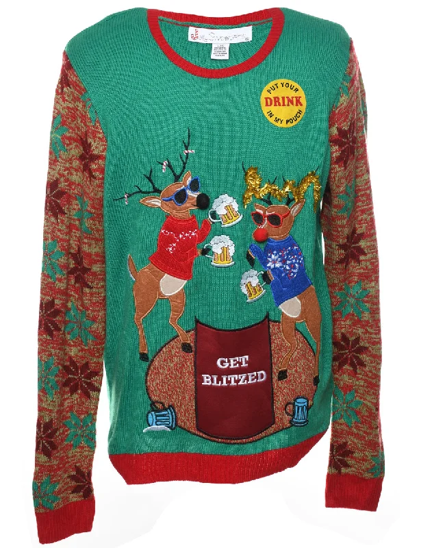 Reindeer Design Green Christmas Jumper - L Neon Metallic Matte