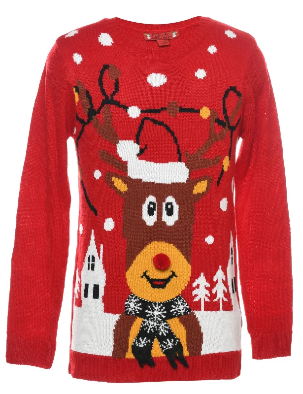 Reindeer Design Red Christmas Jumper - M Fleece Fabric Down Fabric Feather Fabric