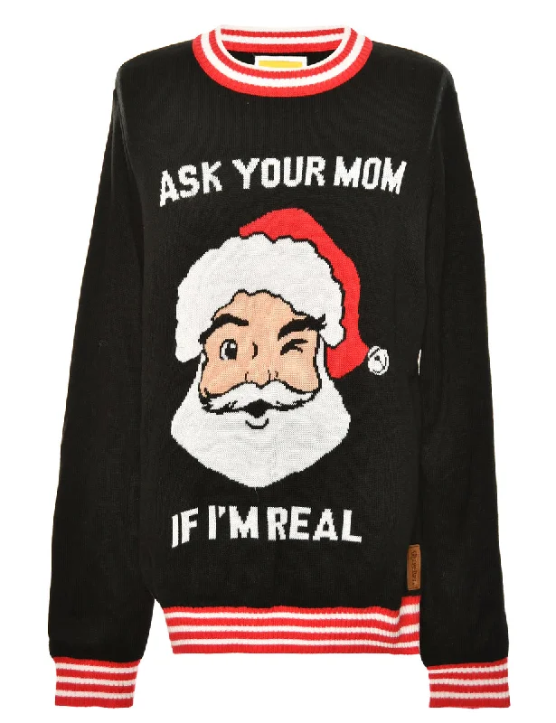 Santa Claus Black & Red Christmas Jumper - L Satin Blend Silk Blend Wool Blend