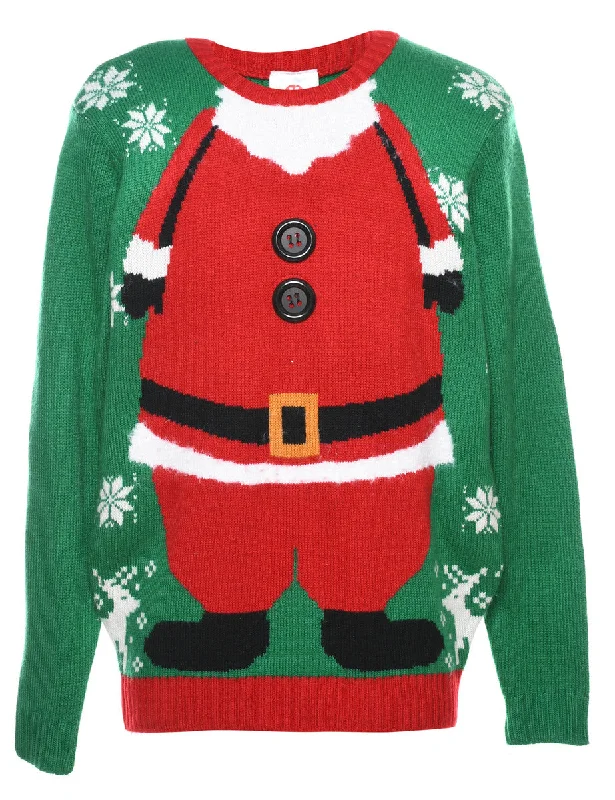 Santa Claus Christmas Jumper - M Beaded Sweater Sequined Faux Fur