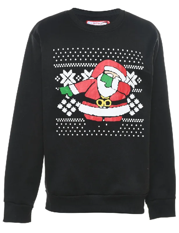 Santa Claus Design Black Christmas Jumper - M Faux Fur Fabric Real Fur Fabric Shearling Fabric