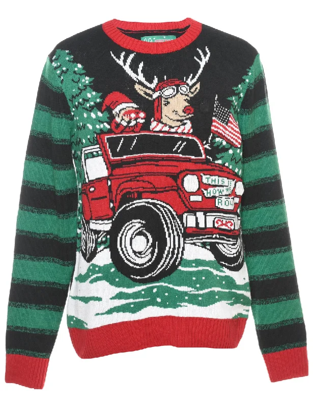 Santa Claus & Reindeer Christmas Jumper - S Silk Blend Satin Velvet