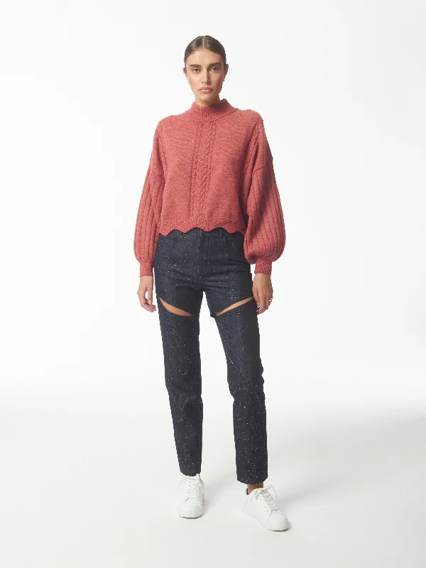 Batwing Sleeves Scallop Edge Knit Jumper in Brick Red Plaid Sweater Polka Dot Checkered