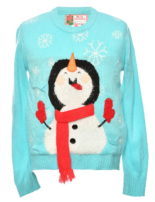 Snowman Light Blue Christmas Jumper - S Lace Blend Ribbed Blend Corduroy Blend