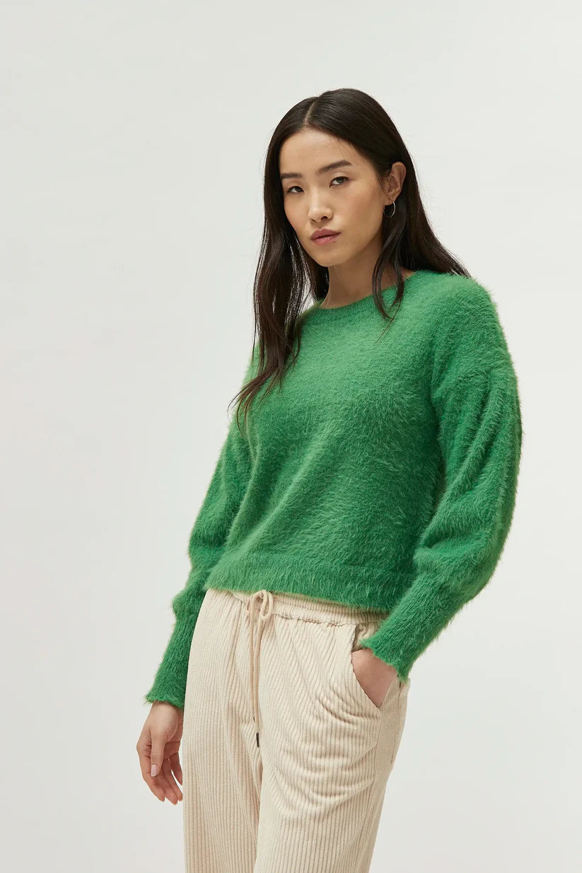 Soft Fluffy Jumper Green Silk Blend Satin Velvet