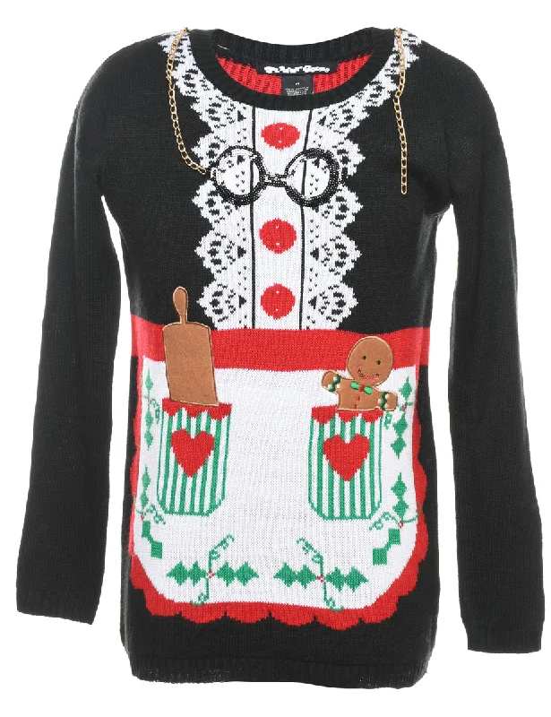 Teddy Bear Print Christmas Jumper - M Oversized Loose Flowy