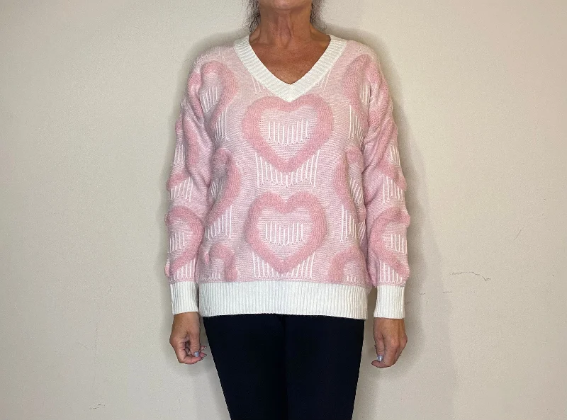 V-Neck Embossed scattered heart Design jumper (2 Colours) Fitted Loose Oversized