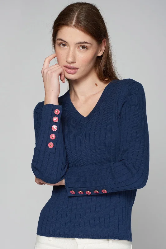 Vilagallo 31963 Navy Cotton V Neck Jumper Houndstooth Herringbone Solid