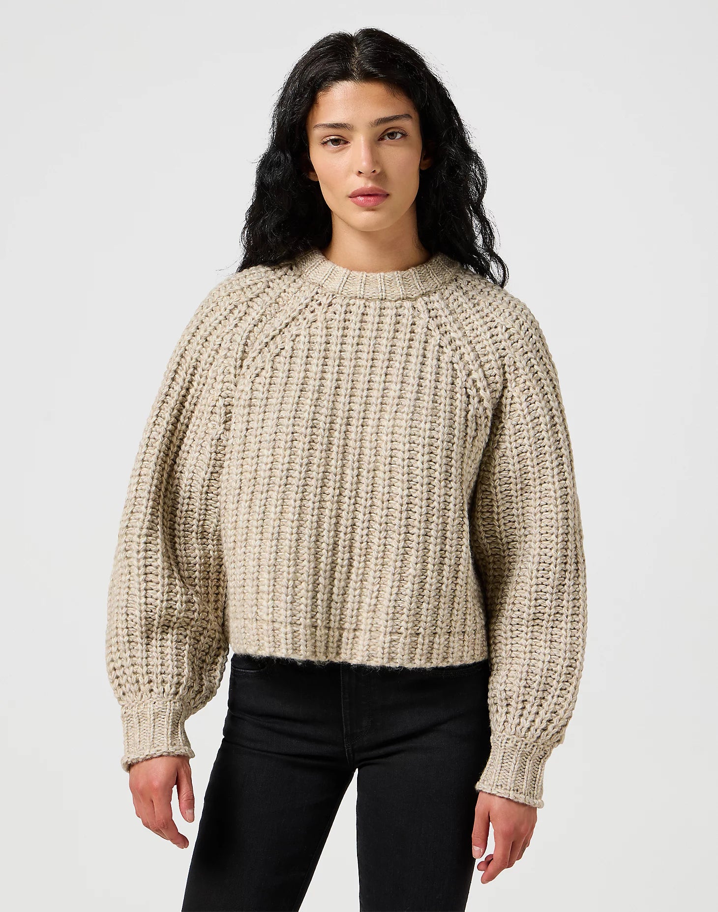 Puff Sleeve Jumper in Oatmeal Spandex Rayon Corduroy