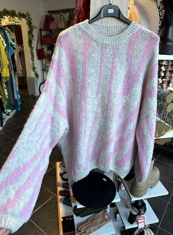 Zebra print knitted jumper - Pink & beige Toggled Drawstring Belted