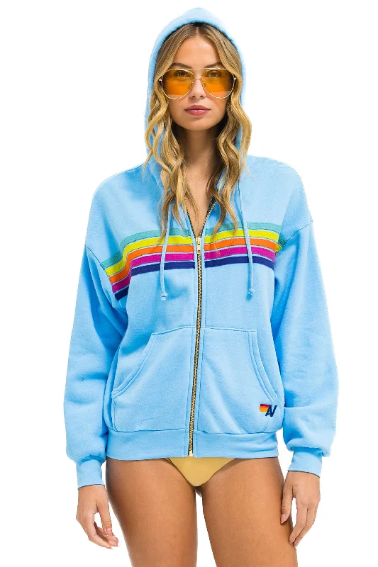 5 STRIPE RELAXED ZIP HOODIE - SKY // RAINBOW Hoodie with Back Slit Movement Comfort