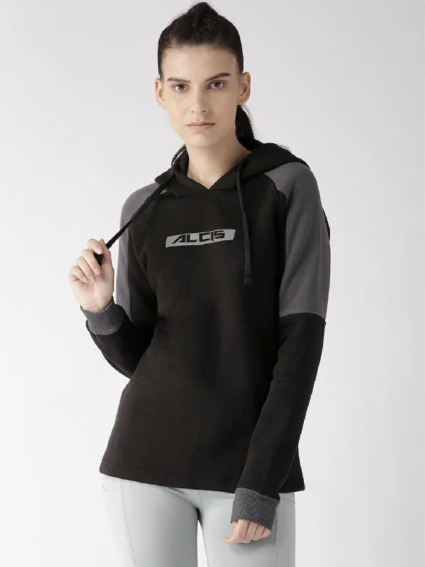 Alcis Women Black Charcoal Grey Printed Detail Hooded Sweatshirt Hoodie with Metallic Shiny Futuristic