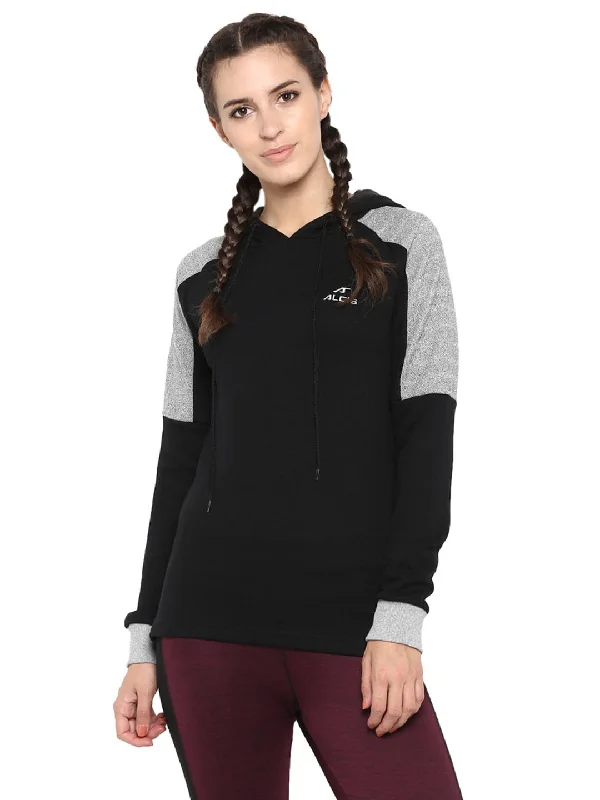 Alcis Women Black Grey Colourblocked Hooded Sweatshirt Hoodie with Hem Embroidery Detailed Premium Alcis Women Black Grey Colourblocked Hooded Sweatshirt Hoodie with Hem Embroidery Detailed Premium