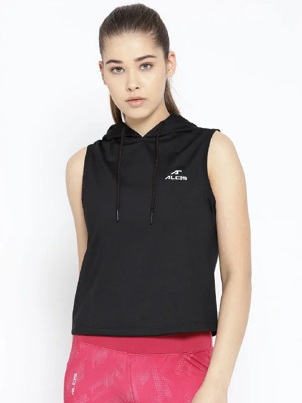 Alcis Women Black Solid Hooded Sleeveless Sweatshirt Hoodie with Tied Waist Feminine Flattering