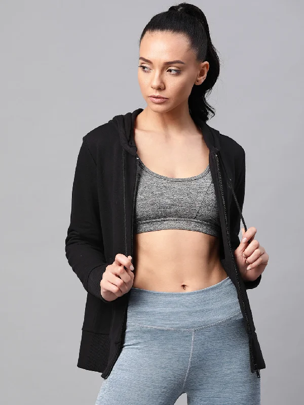Alcis Women Black Solid Hooded Sweatshirt Hoodie with Toggle Buttons Decorative Unique