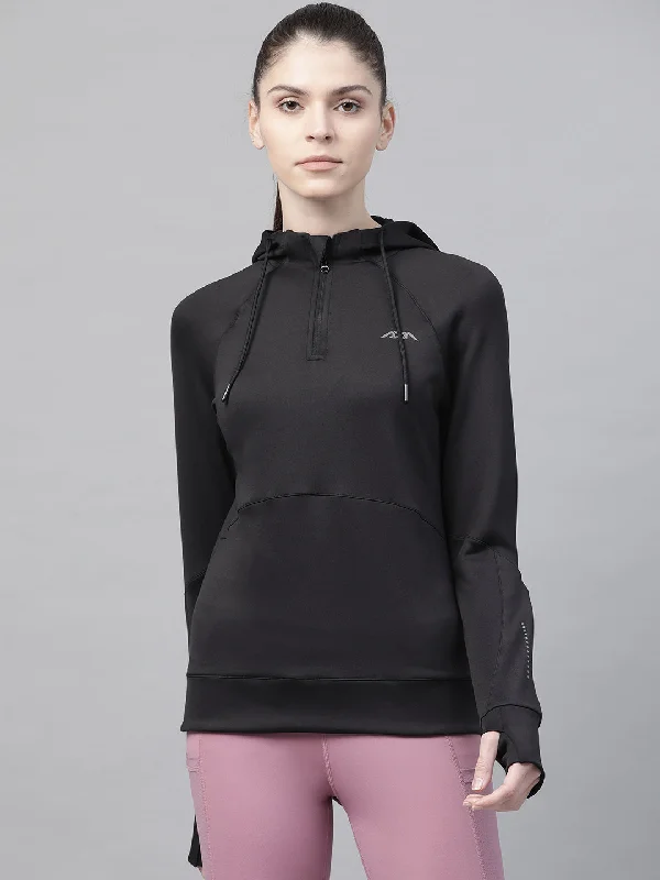 Alcis Women Black Solid Hooded Sweatshirt Hoodie with Hem Elastic Stretchable Comfortable Alcis Women Black Solid Hooded Sweatshirt Hoodie with Hem Elastic Stretchable Comfortable