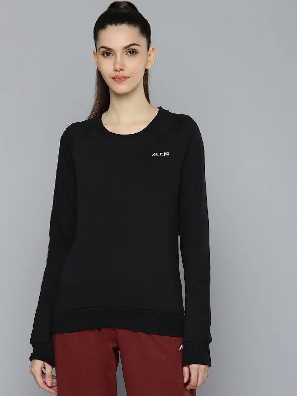 Alcis Women Black Solid Sweatshirt Hoodie with Velcro Closure Adjustable Secure