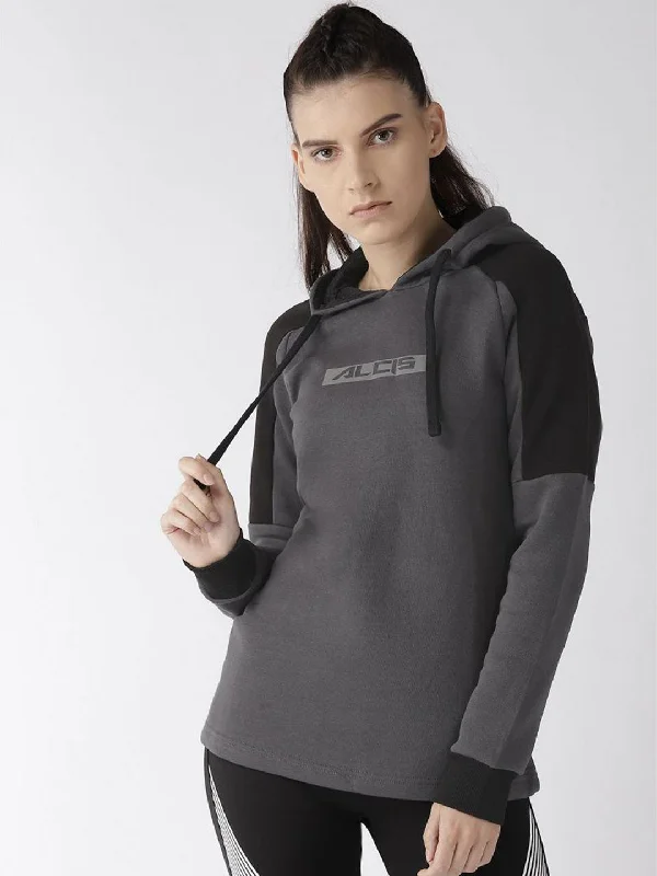Alcis Women Charcoal Grey Black Printed Detail Hooded Sweatshirt Hoodie with Rhinestones Sparkly Elegant Alcis Women Charcoal Grey Black Printed Detail Hooded Sweatshirt Hoodie with Rhinestones Sparkly Elegant