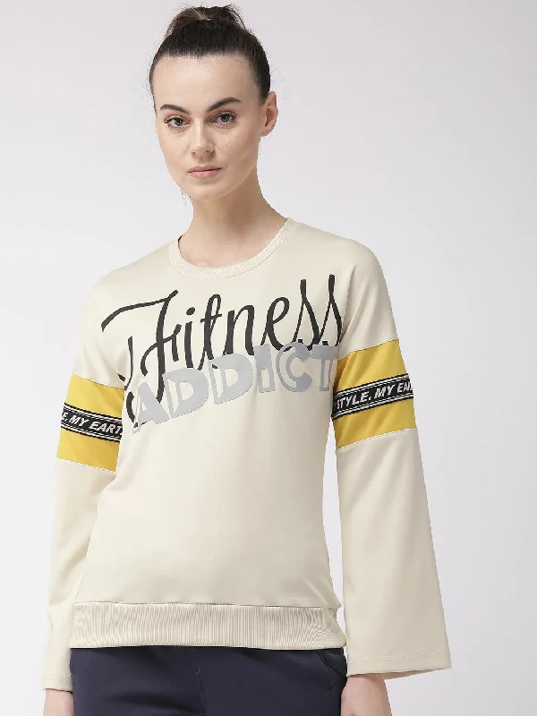 Alcis Women Cream-Coloured Black Printed Sweatshirt Hoodie Crop Top Short Trendy