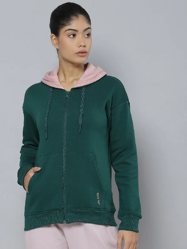Alcis Women Green Hooded Sweatshirt Hoodie with Elastic Waist Stretchable Comfortable Alcis Women Green Hooded Sweatshirt Hoodie with Elastic Waist Stretchable Comfortable