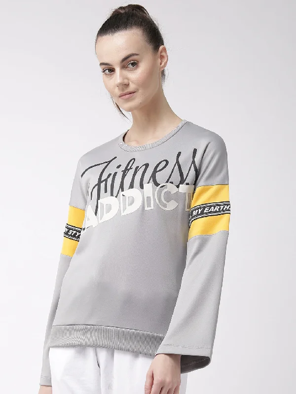 Alcis Women Grey Black Printed Sweatshirt Hoodie with Ribbed Cuffs Snug Fit Comfort
