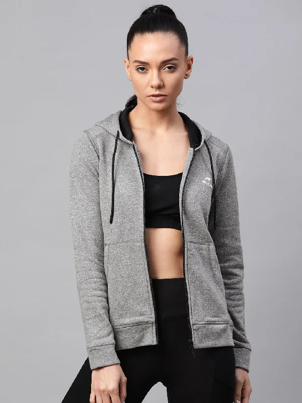Alcis Women Grey Melange Solid Hooded Sweatshirt Hoodie with Neon Bright Vibrant
