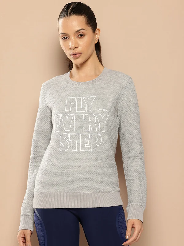 Alcis Women Grey Melange Typography Printed Textured Applique Sweatshirt Hoodie with Longline Fit Extended Stylish Alcis Women Grey Melange Typography Printed Textured Applique Sweatshirt Hoodie with Longline Fit Extended Stylish