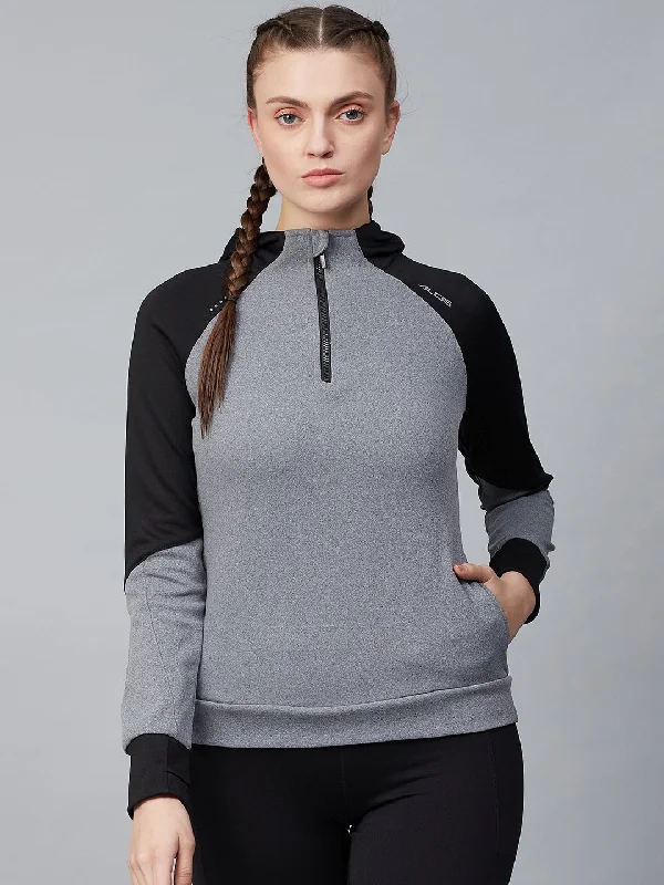 Alcis Women Grey Solid Hooded Pullover Sweatshirt Hoodie with Hem Patch Decorative Personalized Alcis Women Grey Solid Hooded Pullover Sweatshirt Hoodie with Hem Patch Decorative Personalized