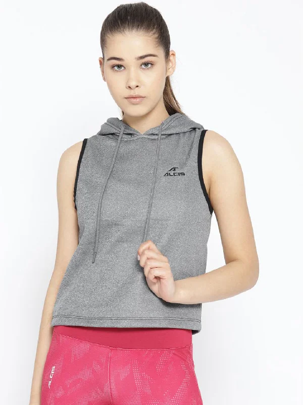 Alcis Women Grey Solid Hooded Sleeveless Sweatshirt Hoodie with Longline Fit Extended Stylish Alcis Women Grey Solid Hooded Sleeveless Sweatshirt Hoodie with Longline Fit Extended Stylish