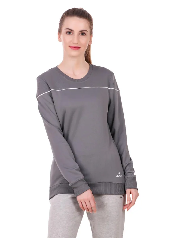 Alcis Women Grey Solid Sweatshirt Hoodie with Back Slit Movement Comfort