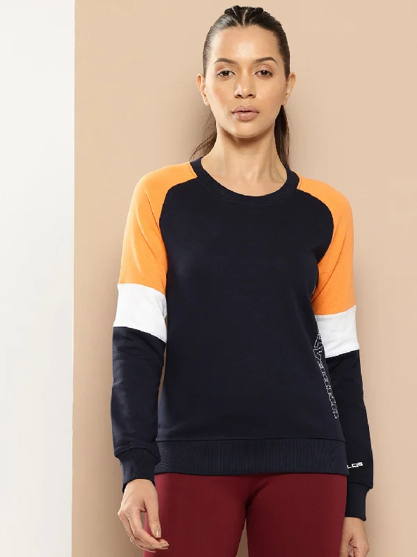 Alcis Women Navy Blue Orange Colourblocked Cotton Sweatshirt with Side Applique Prints Hoodie with Tie-Dye Psychedelic Retro Alcis Women Navy Blue Orange Colourblocked Cotton Sweatshirt with Side Applique Prints Hoodie with Tie-Dye Psychedelic Retro