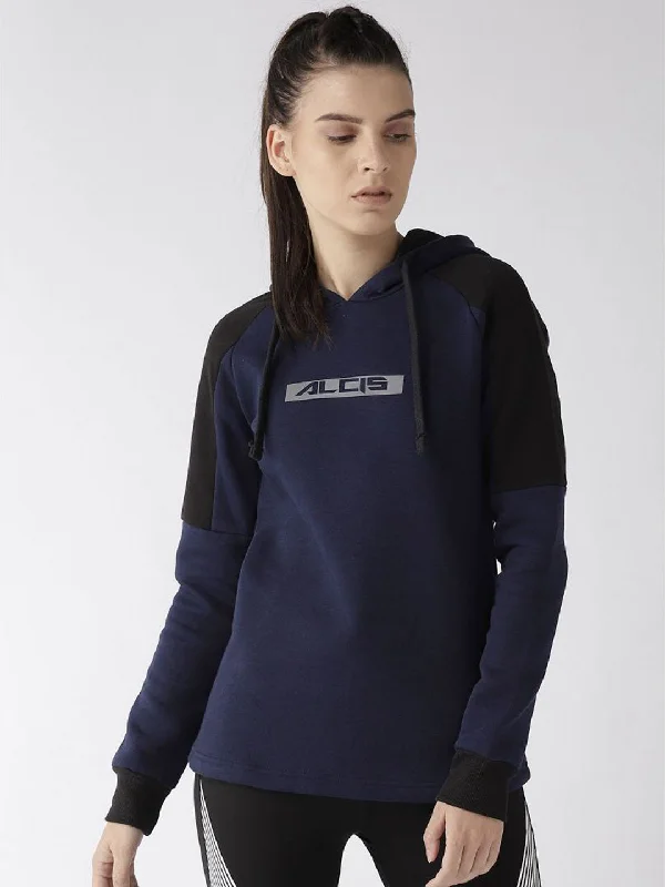 Alcis Women Navy Blue Printed Detail Hooded Sweatshirt Hoodie with Ribbed Hem Stretchable Secure Alcis Women Navy Blue Printed Detail Hooded Sweatshirt Hoodie with Ribbed Hem Stretchable Secure