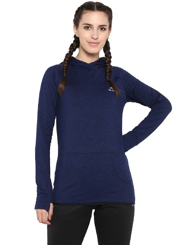 Alcis Women Navy Blue Solid Hooded Sweatshirt Hoodie with Slim Fit Tailored Modern