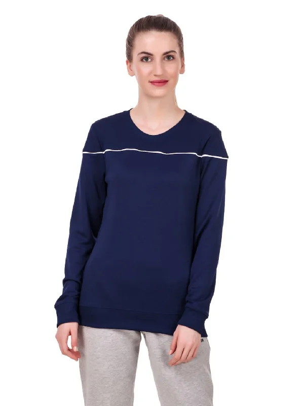 Alcis Women Navy Blue Solid Sweatshirt Hoodie with Hem Applique Textured Unique