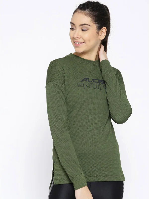 Alcis Women Olive Green Solid Sweatshirt Hoodie with Pattern Geometric Abstract