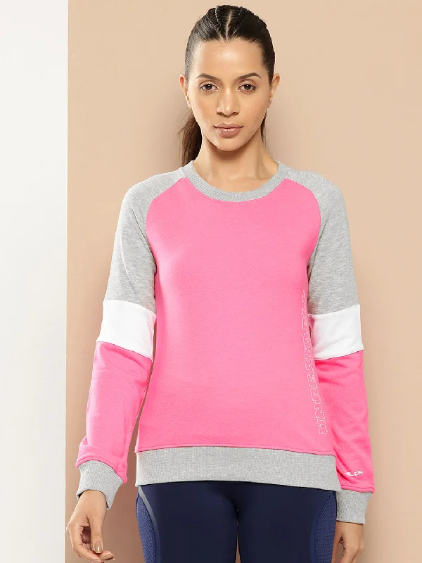 Alcis Women Pink Grey Melange Colourblocked Cotton Sweatshirt with Side Applique Prints Hoodie with Hem Frayed Vintage Worn Alcis Women Pink Grey Melange Colourblocked Cotton Sweatshirt with Side Applique Prints Hoodie with Hem Frayed Vintage Worn