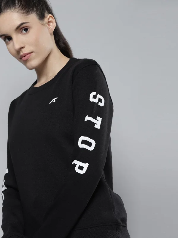 Alcis Women Printed Black Sweatshirts Hoodie with Monochrome Minimalist Simple