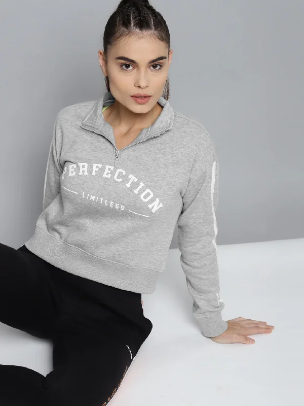Alcis Women Printed Grey Melange Sweatshirts Hoodie with Full-Zip Functional Layering Alcis Women Printed Grey Melange Sweatshirts Hoodie with Full-Zip Functional Layering