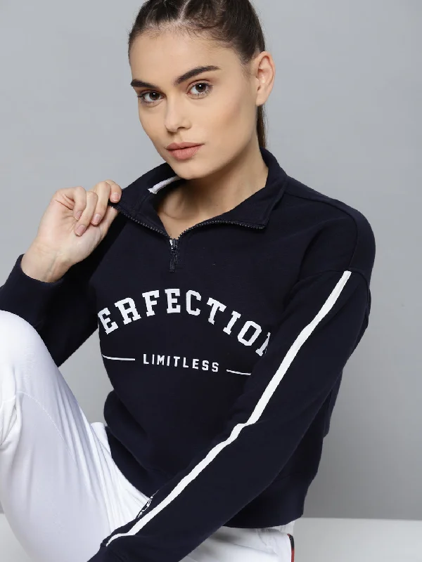 Alcis Women Printed Navy Blue Sweatshirts Hoodie with Hem Applique Textured Unique