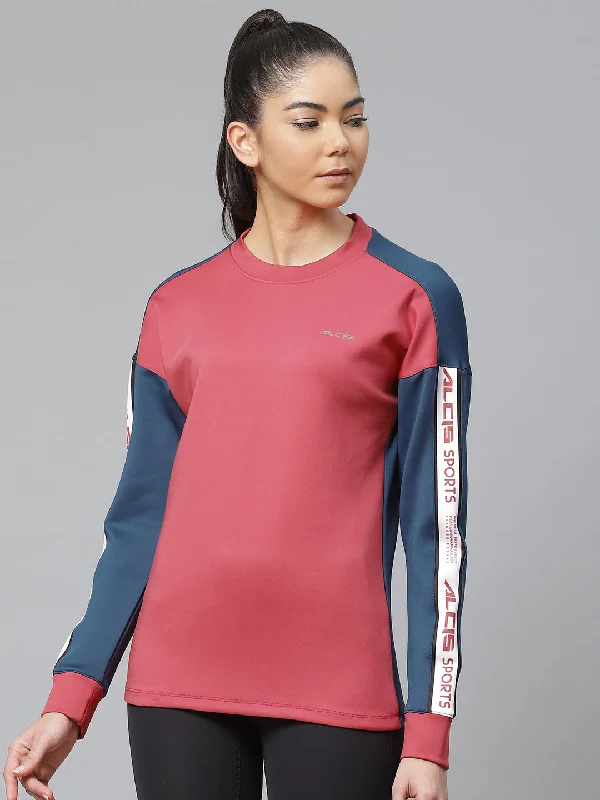 Alcis Women Red Blue Solid Sweatshirt Hoodie with Tied Waist Feminine Flattering