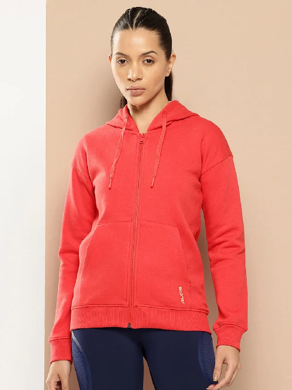 Alcis Women Red Hooded Sweatshirt Hoodie with Ribbed Neckline Snug Warm