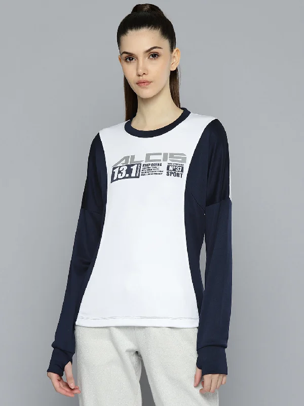 Alcis Women White and Navy Blue Brand Logo Printed Sweatshirt Hoodie with Lining Warm Insulated Alcis Women White and Navy Blue Brand Logo Printed Sweatshirt Hoodie with Lining Warm Insulated