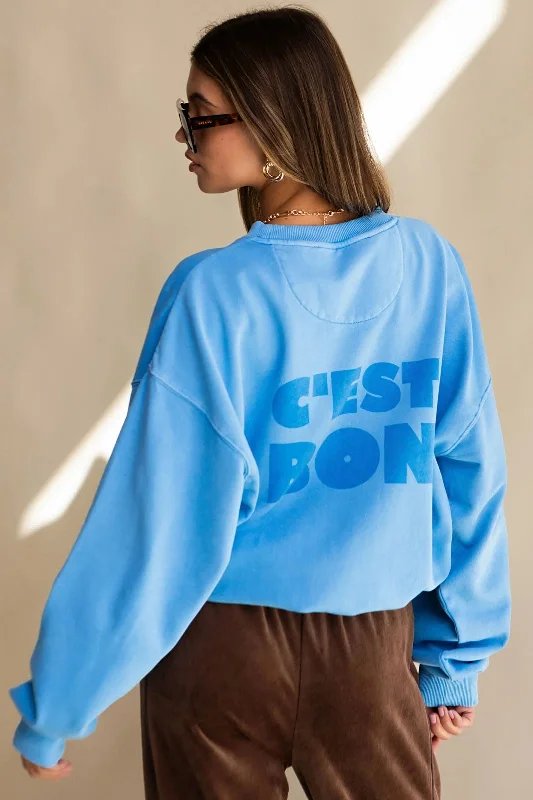 ARAMINTA JAMES Womens C'est Bon Sweatshirt - Dusty Blue Hoodie with Drop Shoulder Relaxed Streetwear ARAMINTA JAMES Womens C'est Bon Sweatshirt - Dusty Blue Hoodie with Drop Shoulder Relaxed Streetwear