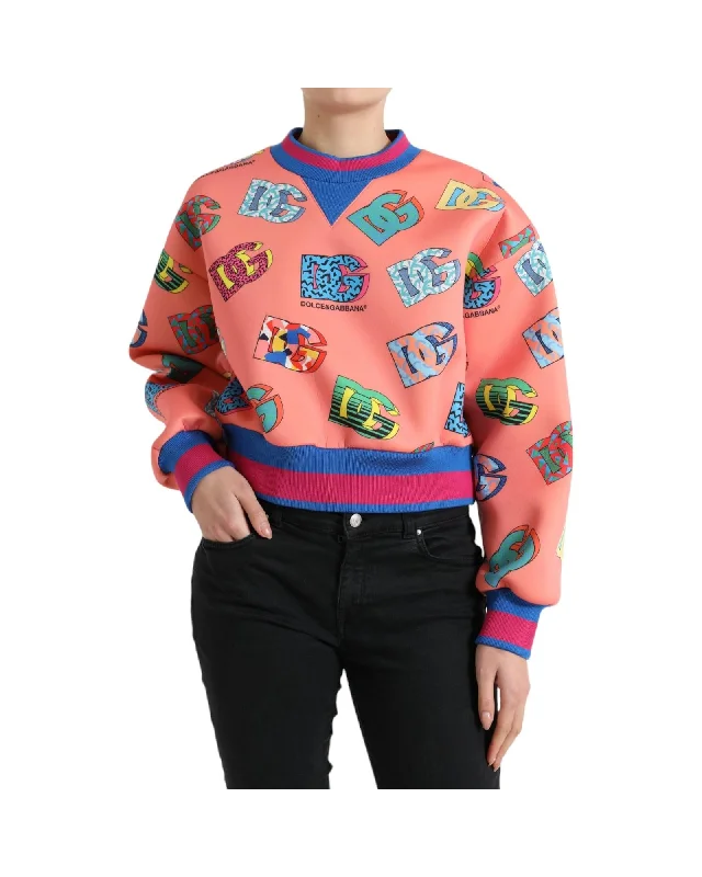 Dolce & Gabbana Women's Logo Print Sweatshirt - Coral Hoodie with Hem Raw Edge Edgy Unfinished Dolce & Gabbana Women's Logo Print Sweatshirt - Coral Hoodie with Hem Raw Edge Edgy Unfinished