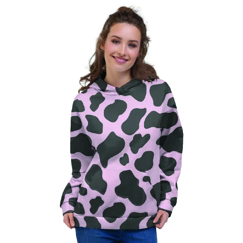 Black And Pink Cow Print Women's Hoodie Hoodie with Cuffed Sleeves Snug Secure