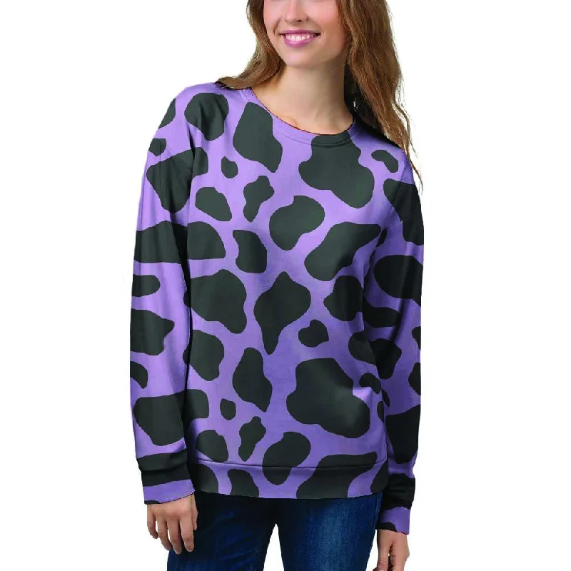 Black And Purple Cow Print Women's Sweatshirt Hoodie with Mock Neck Collared Structured Black And Purple Cow Print Women's Sweatshirt Hoodie with Mock Neck Collared Structured