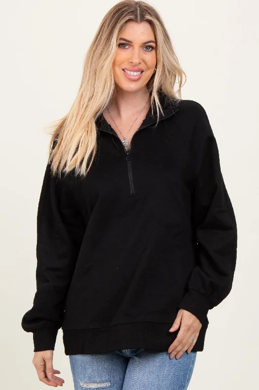 Black Half Zip Contrast Rib Sweatshirt Top Hoodie with Distressed Vintage Worn