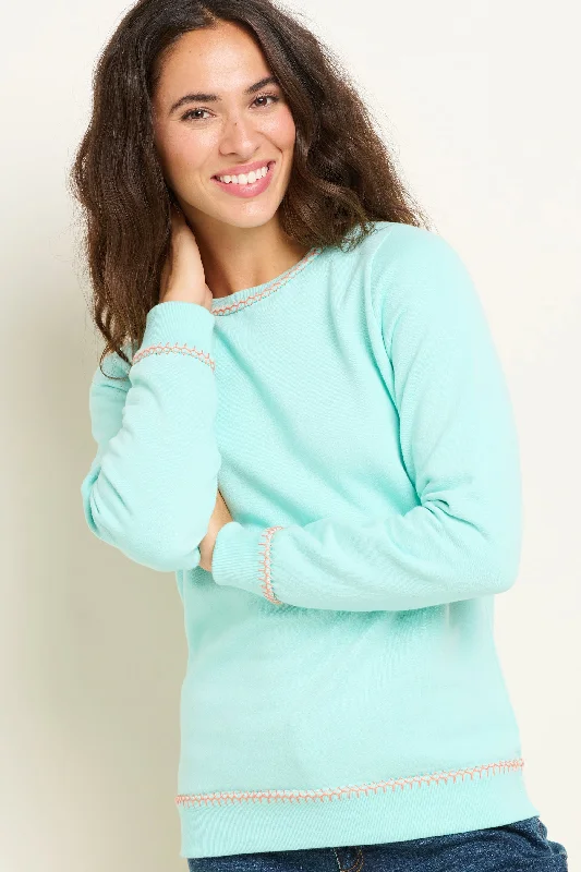 Blanket Stitch Crew Neck Sweatshirt Hoodie with Hem Fringe Bohemian Relaxed
