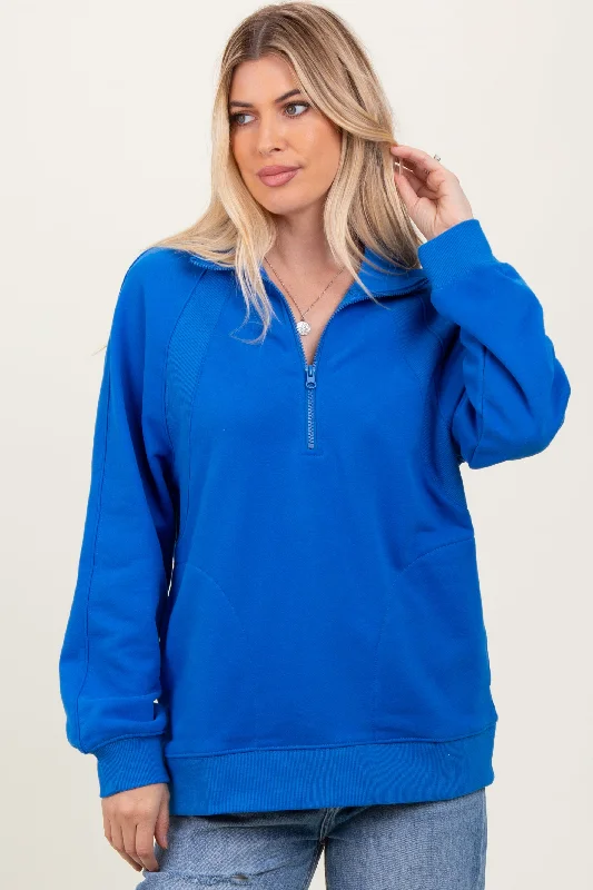 Blue Half Zip Contrast Rib Sweatshirt Top Hoodie with Sequins Glamorous Eye-catching Blue Half Zip Contrast Rib Sweatshirt Top Hoodie with Sequins Glamorous Eye-catching