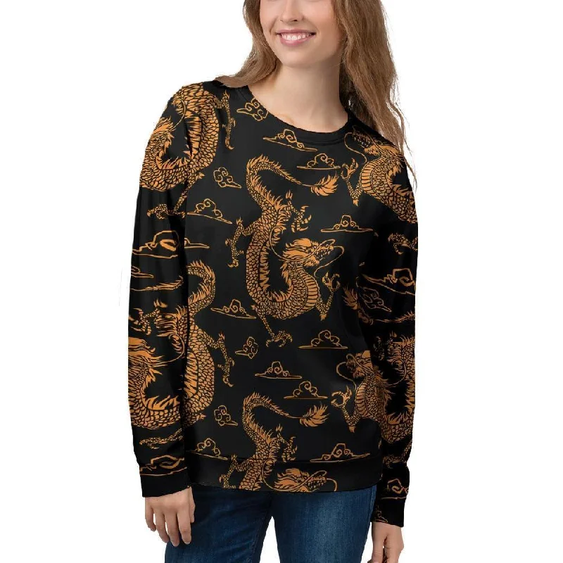 Gold Janpanese Dragon Print Women's Sweatshirt Hoodie with Camouflage Military Edgy